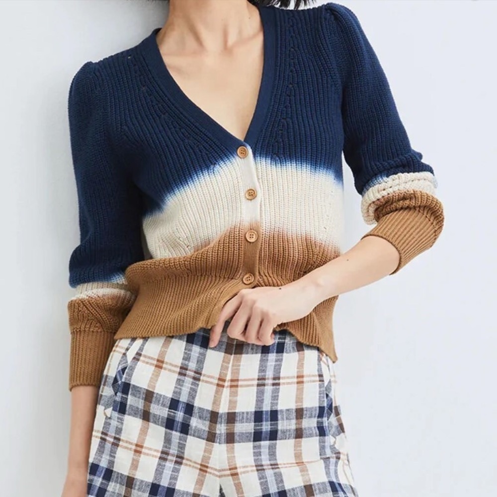 Veronica Beard Parula Dip Dye Cotton Cardigan - Navy/Cream/Beige XS